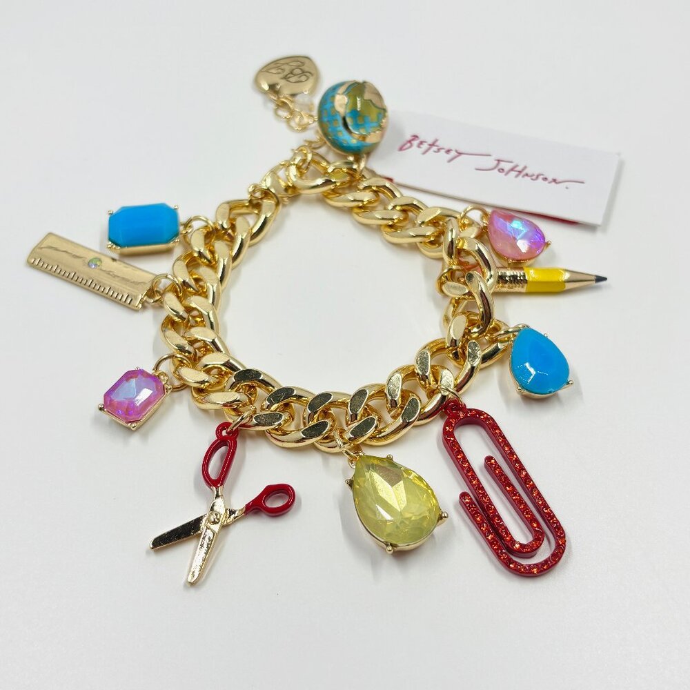 NWT Betsey Johnson School Charm Bracelet Gold Teacher Jewelry Ruler Pencil Globe